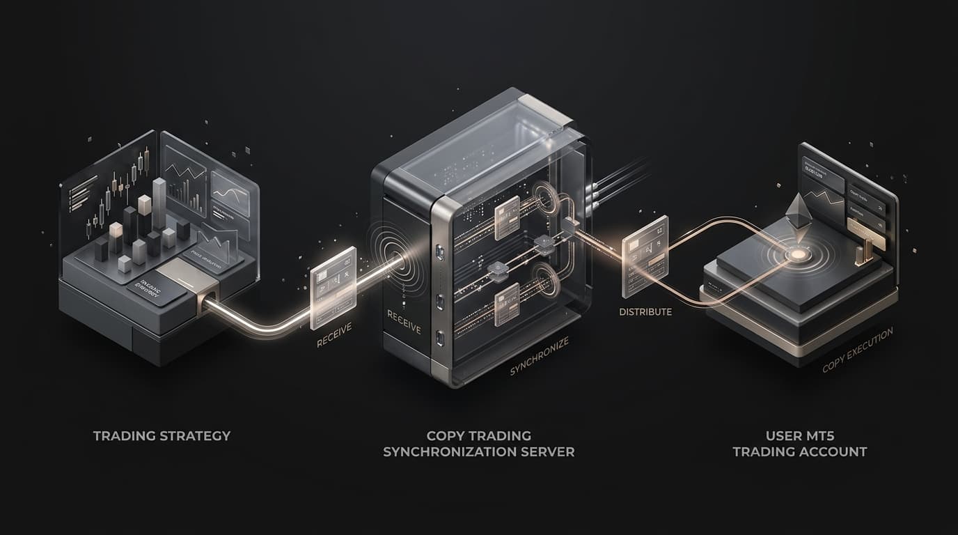 Visualización 3D isométrica que muestra el flujo de un sistema de copy trading: un módulo de estrategia a la izquierda genera una señal que pasa a un servidor central de sincronización y luego se transmite a la cuenta de trading MT5 a la derecha.