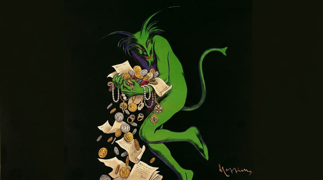 Ilustración en lienzo 16:9 al estilo vintage de Leonetto Cappiello: el característico duende verde sobre fondo negro carga entre sus brazos y manos una cascada de joyas, monedas de oro y documentos antiguos que caen hacia el suelo.