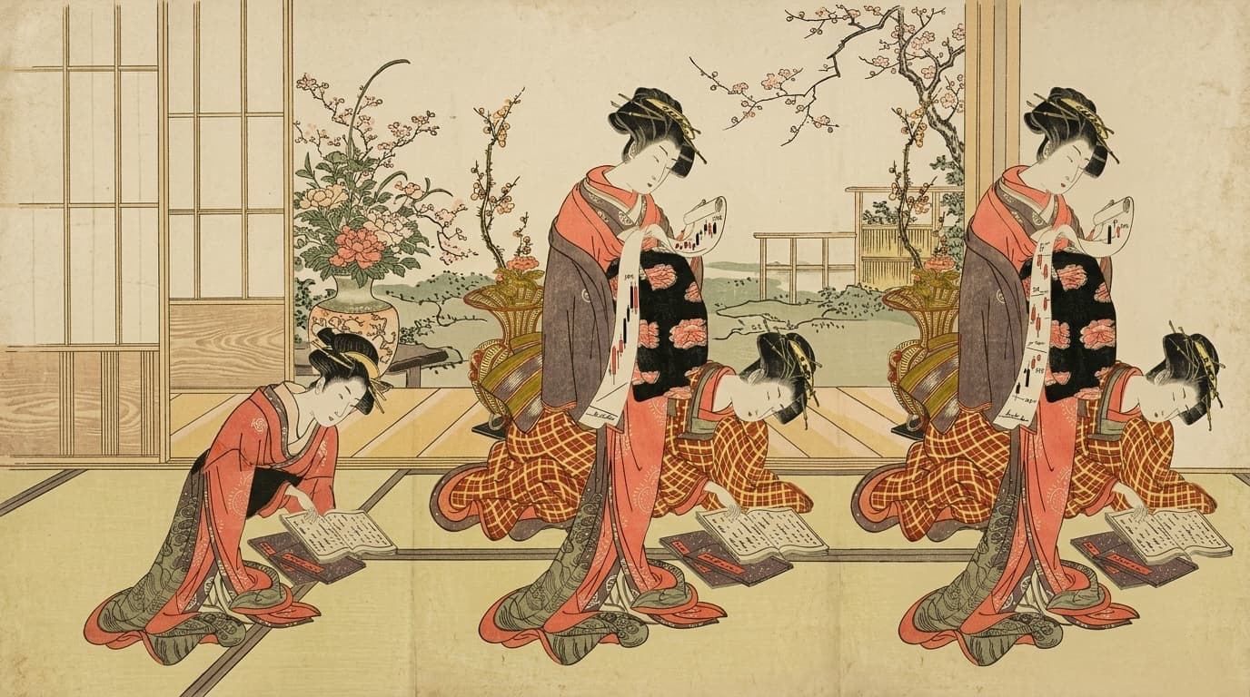 Xilografía ukiyo-e que representa a tres mujeres japonesas con vestimenta tradicional de estilo antiguo (kimonos) que aparecen juntas en el interior de una sala de tatamis con flores de cerezo visibles. Las mujeres parecen estar mirando pergaminos o libros.
