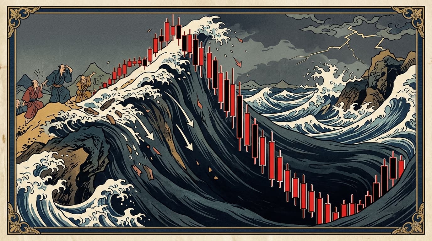 Arte ukiyo-e de Hokusai: olas formando un gráfico de velas japonesas de trading en fuerte caída (drawdown), con personas observando desde la costa.
