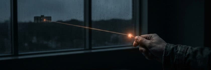 Una mano sosteniendo una llave pequeña que emite un hilo de luz hacia la ventana, en una habitación oscura