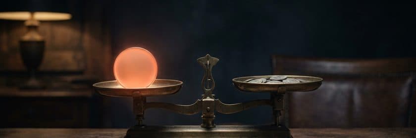 Una balanza antigua con una sola moneda naranja luminosa en un platillo y monedas plateadas en el otro