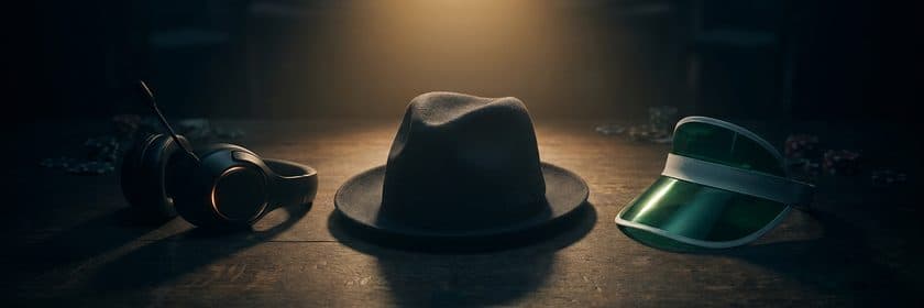 Unos audífonos, un sombrero y una visera de crupier sobre una mesa oscura