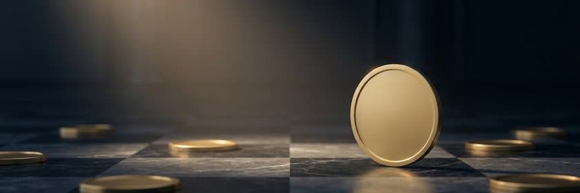 Una moneda dorada lisa parada de canto sobre un piso de mármol a cuadros, con otras monedas alrededor