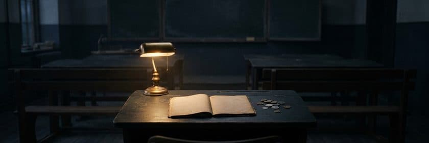 Un pupitre de sala de clases con un cuaderno abierto, unas monedas y una lámpara encendida