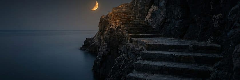 Una escalera de piedra tallada en un acantilado junto al mar, bajo la luna