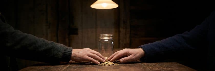 Dos manos juntando monedas alrededor de un frasco de vidrio sobre una mesa de madera