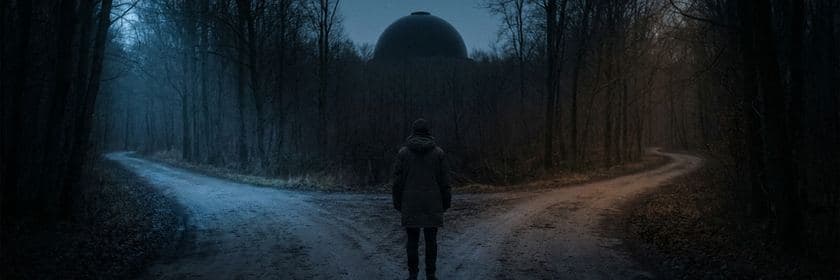 Una persona de espaldas frente a un camino de tierra que se divide en dos dentro de un bosque oscuro, con una cúpula en silueta al fondo.