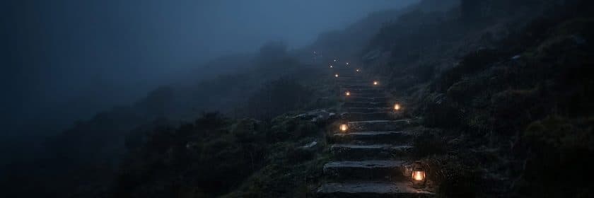 Una escalera de piedra en una ladera con neblina, iluminada por pequeños faroles a intervalos