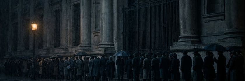 Una larga fila de personas con paraguas esperando de noche frente a la reja cerrada de un edificio de piedra con columnas