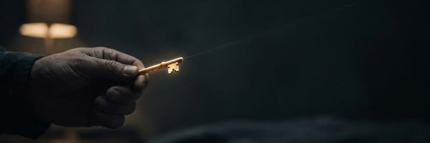 Una mano entregando una llave dorada que brilla en la penumbra