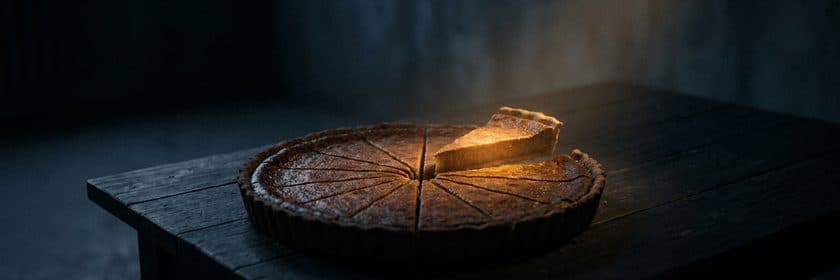 Una tarta cortada en porciones con una porción levantada, sobre una mesa de madera