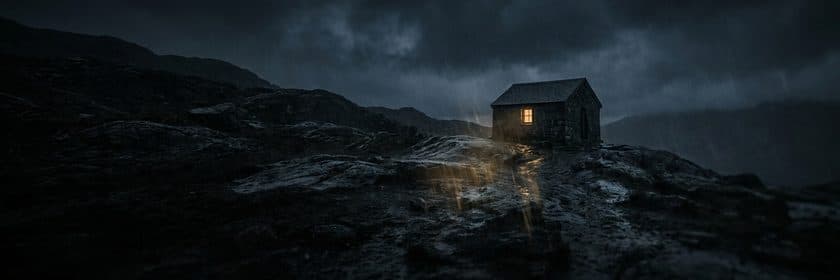 Una casa de piedra con una ventana iluminada en una ladera, bajo la lluvia