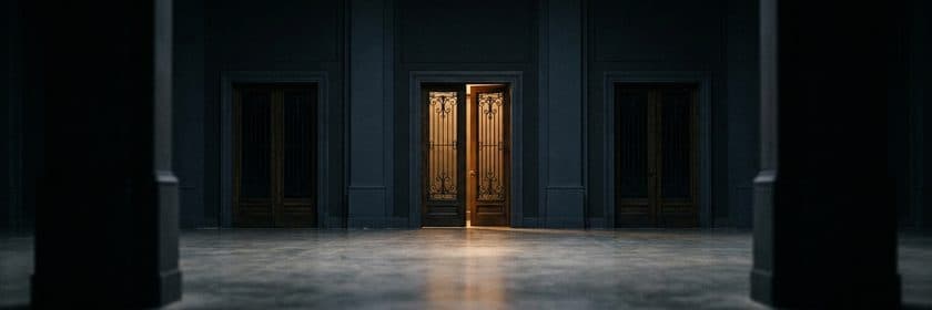 Un salón con tres puertas, una sola entreabierta y con luz cálida