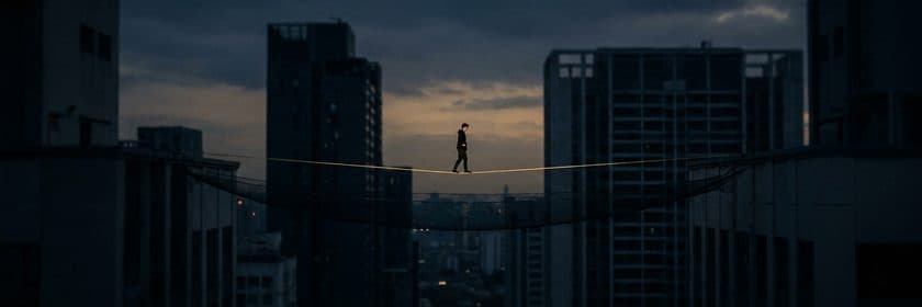 Un equilibrista cruzando una cuerda floja entre dos edificios al atardecer