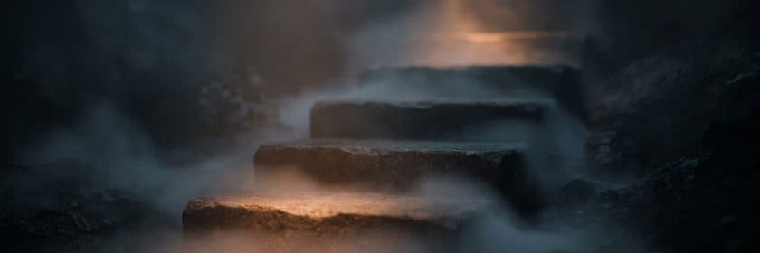 Escalones de piedra que suben entre la niebla hacia una luz cálida