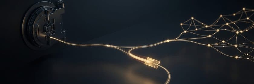 La puerta de una bóveda de la que sale un cable de luz que se abre en una red de puntos brillantes