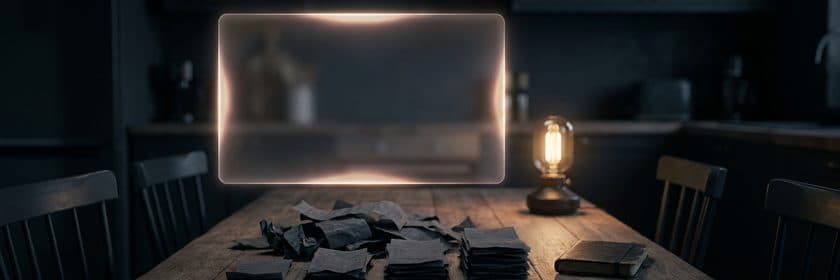 Un panel de vidrio luminoso sobre una mesa de madera con papeles, en una sala de reuniones oscura