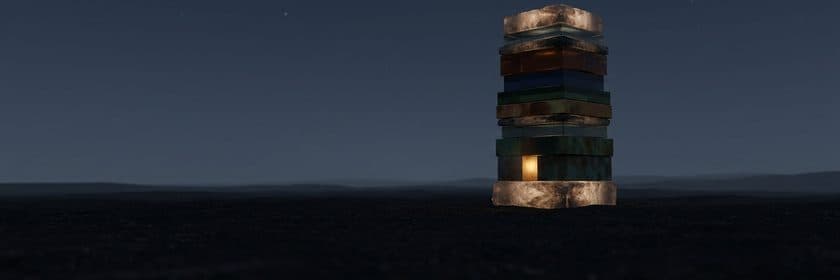 Una torre de bloques de distintos materiales apilados en medio de una llanura oscura, con una luz en la base