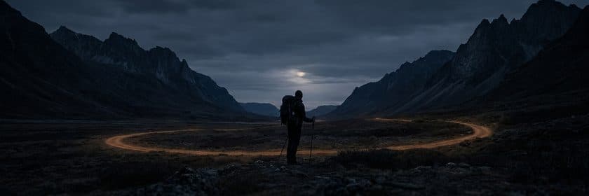 Un caminante de pie en un valle de montaña de noche, junto a un sendero que dibuja un círculo