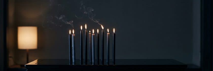 Velas encendidas de distintas alturas sobre una mesa, con humo y una lámpara al fondo