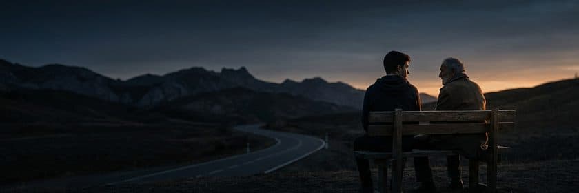 Un joven y un hombre mayor conversando en una banca frente a un camino de montaña al atardecer