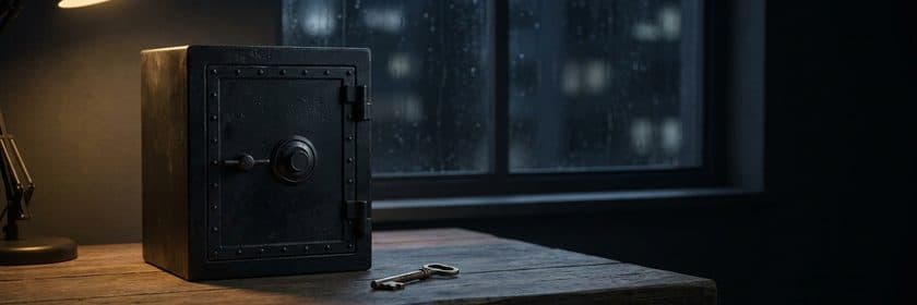 Una caja fuerte de hierro cerrada sobre una mesa de madera junto a una ventana con lluvia, con una llave al lado