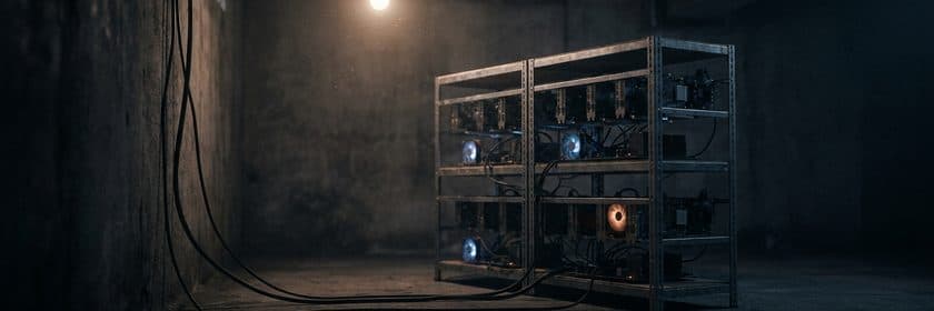 Un estante metálico con equipos de computación y ventiladores encendidos en un sótano oscuro