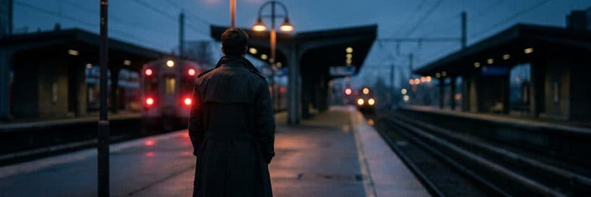 Un hombre de abrigo esperando en el andén de una estación de tren al anochecer
