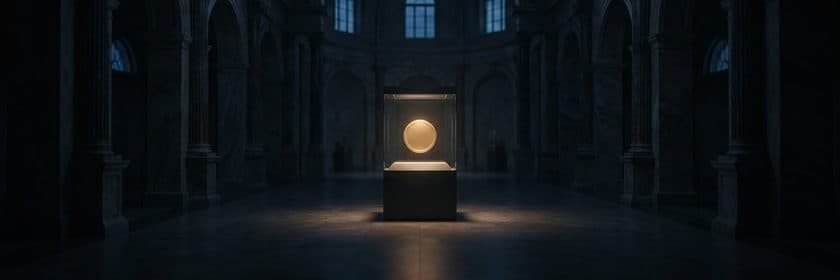 Una moneda dorada lisa dentro de una vitrina de vidrio en medio de un gran salón de mármol vacío