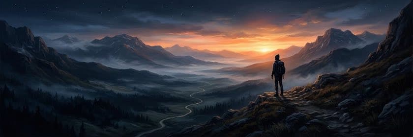Un caminante de pie en una loma mira el amanecer sobre un valle de montaña con neblina, junto a un sendero que sube desde la sombra
