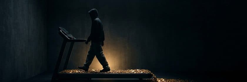 Una persona con capucha caminando en una cinta de correr cubierta de monedas, en una sala oscura