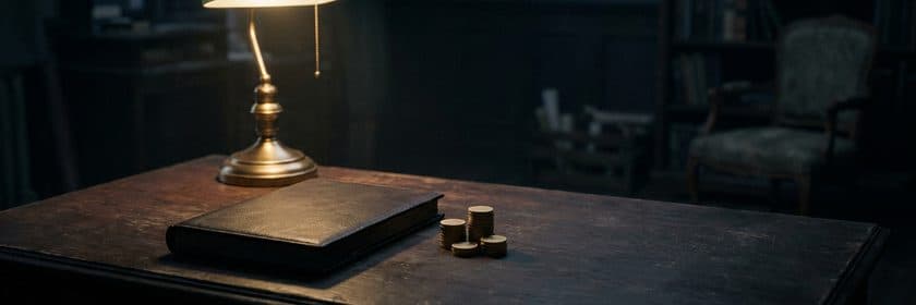 Un escritorio antiguo de noche con un libro de cuentas cerrado, una lámpara de bronce y una pila de monedas