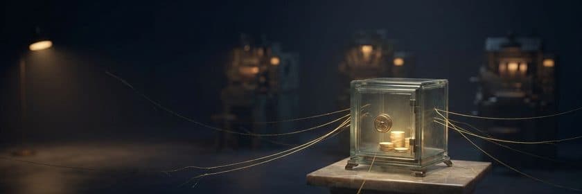 Una caja de vidrio con monedas doradas sobre un pedestal, conectada por hilos a máquinas en la penumbra