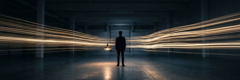 Una persona de pie en un galpón oscuro, rodeada de estelas de luz que pasan a gran velocidad
