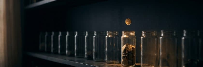 Una moneda cayendo dentro de un frasco de vidrio, en una repisa con una fila de frascos vacíos