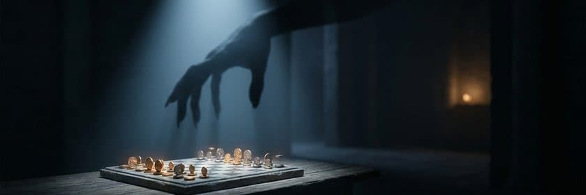 La sombra de una mano gigante sobre un tablero con monedas, en una sala oscura