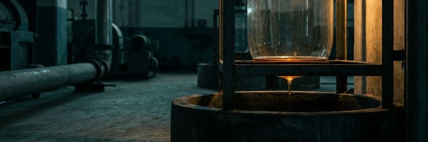 Un frasco de vidrio que gotea líquido ámbar sobre un pozo de piedra en una sala de máquinas en penumbra