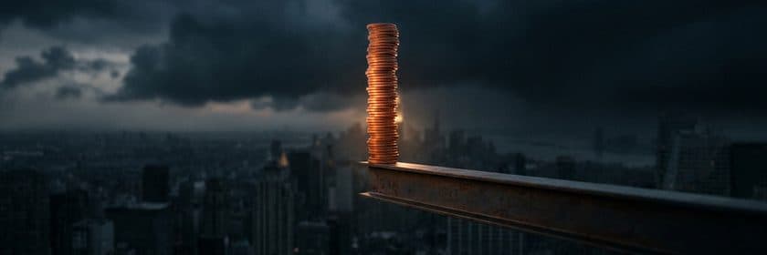 Una torre alta de monedas sobre el borde de una viga de acero, sobre una ciudad de noche