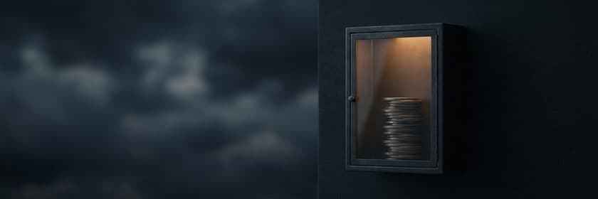 Una pequeña vitrina en la pared con una pila de monedas guardada, junto a un cielo de tormenta