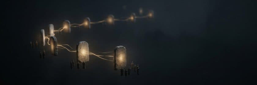 Tablas de piedra iluminadas flotando en la oscuridad, unidas por haces de luz cálida, con pequeñas siluetas de personas alrededor