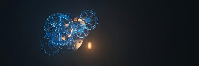 Engranajes azules translúcidos que mueven pequeñas monedas doradas en la oscuridad