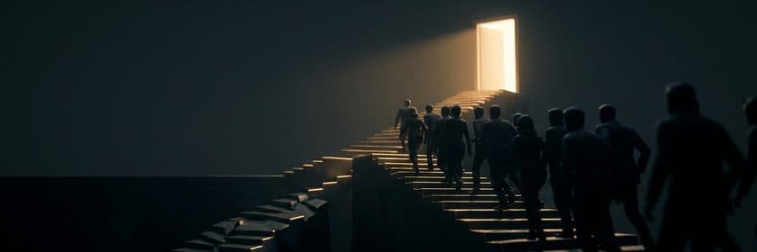 Una multitud subiendo apurada una escalera hacia una puerta luminosa