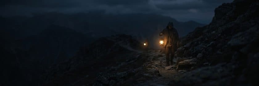 Un caminante con un farol avanzando por un sendero de montaña de noche