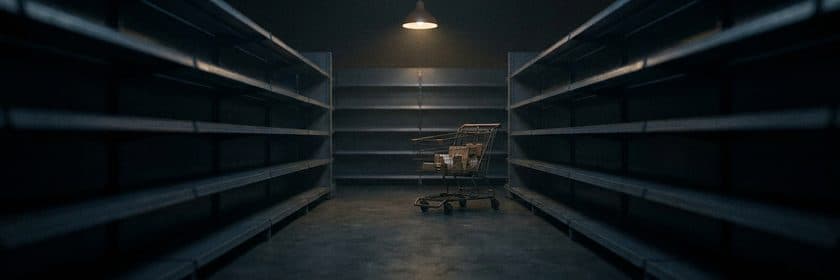 Un pasillo de supermercado con estantes vacíos y un solo carro con pocas cosas, de noche