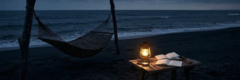 Una hamaca vacía frente al mar al anochecer, junto a una mesa con un farol y libros abiertos