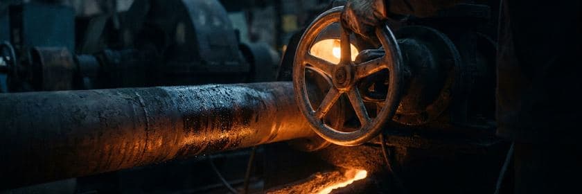 Una mano girando la gran válvula de una tubería industrial iluminada por una luz anaranjada
