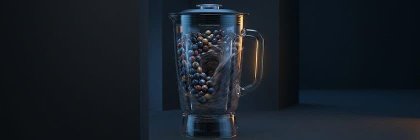 Una licuadora de vidrio con semillas de colores mezclándose, en una sala oscura