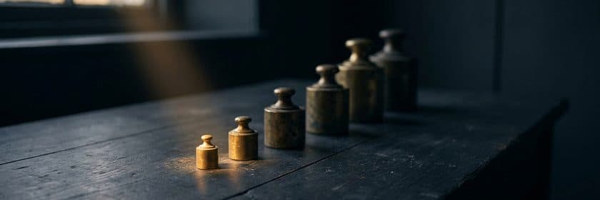 Pesas de bronce ordenadas de menor a mayor sobre una mesa de madera oscura