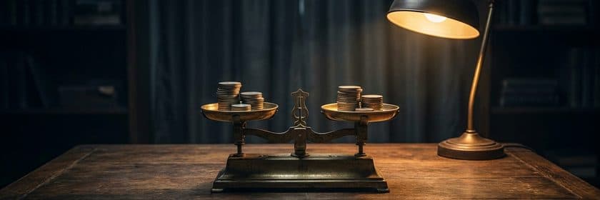 Una balanza antigua con pilas de monedas equilibradas en ambos platillos, bajo una lámpara de escritorio